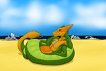 anthro beach looking_at_viewer looking_pleasured lying male on_tail sand sea seaside smile solo tail water unknown_artist gemini_the_sergal sergal hi_res