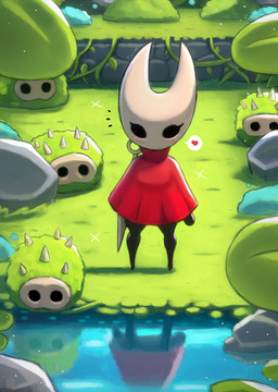 ambiguous_gender black_legs blush cloak clothing feral front_view grass group heart_symbol hornet's_needle monotone_cloak plant red_cloak red_clothing rock solo spikes spikes_(anatomy) standing water tonywelt hollow_knight:_silksong hollow_knight_(franchise) team_cherry hornet_(hollow_knight) arthropod mossgrub absurd_res hi_res pictographics