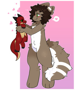 anthro blush brown_hair carrying_another digitigrade duo embarrassed fluffy fluffy_tail fur hair heart_symbol held_up horn love male male/male multicolored_body multicolored_fur red_body romantic romantic_couple size_difference standing tail tan_body tan_fur underbelly spookyfoxinc stonescales canid canine canis dingo kobold lizard mammal reptile scalie absurd_res hi_res