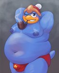 anthro areola beak belly biped blue_body blue_feathers bulge clothing detailed_bulge feathers grin hat headgear headwear male male_anthro moobs navel nipples obese obese_anthro obese_male one_eye_closed overweight overweight_anthro overweight_male pipe smile smoking solo thong underwear wink st637 kirby_(series) nintendo king_dedede avian bird penguin hi_res