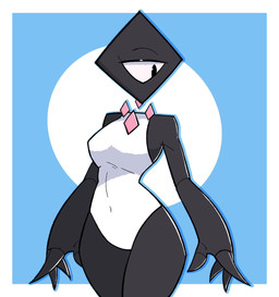 1_eye 4_fingers big_breasts black_body black_eyes black_skin blue_outline border breasts clothing eyelashes female female_humanoid fingers floating_head half-closed_eyes leotard looking_down mouthless narrowed_eyes navel_outline not_furry outline solo standing thick_thighs white_border white_clothing white_leotard white_sclera wide_hipped_female wide_hipped_humanoid wide_hips garpsand prisma_(fr0gv0re) humanoid shape_head 2023 hi_res