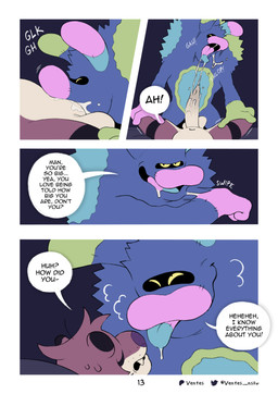 balls bodily_fluids clothing cum cum_string cumming_in_mouth dialogue duo ejaculation fellatio footwear fur genital_fluids genitals interrupted male male/male moan nude_anthro nude_male oral orange_body orange_fur orgasm penile penis purple_nose sex socks speech_bubble text tongue wiping_mouth yellow_sclera ventesthefloof barry_(ventesthefloof) animate_inanimate felid mammal monster pantherine tiger absurd_res comic english_text hi_res multiple_scenes