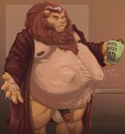 abdominal_bulge anthro balls belly big_belly bottomless clothed clothing fully_inside genitals male mane mature_male penis same_size_vore vore ayvore felid lion mammal pantherine absurd_res hi_res