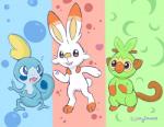 color_partitioning feral group partitioning starter_trio trio fluffydasher nintendo pokemon generation_8_pokemon grookey lagomorph mammal pokemon_(species) primate reptile scalie scorbunny sobble 2019 digital_media_(artwork)