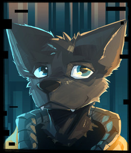 adolescent anthro black_body black_fur blue_eyes clothing fangs fur head_tuft jacket jacket_vest male shirt solo teeth topwear tuft vest young young_anthro young_male dakkawoof dakka canid canine canis mammal wolf 2024 bust_portrait hi_res portrait