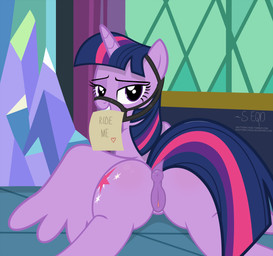 anatomically_correct anatomically_correct_genitalia anatomically_correct_vulva animal_genitalia animal_vulva anus bedroom_eyes bridle butt castle clitoral_winking clitoris crystal cutie_mark dock_(anatomy) equine_genitalia equine_vulva eyebrows eyelashes feathered_wings feathers female feral genitals grin hair half-closed_eyes heart_symbol hooves horn in_heat inside inviting looking_at_viewer looking_back lying mouth_hold multicolored_hair narrowed_eyes note nude on_front paper presenting presenting_hindquarters presenting_vulva puffy_anus purple_body purple_eyes purple_feathers raised_tail rear_view seductive shadow smile solo tail teeth text tile vulva window wings shutterflyeqd friendship_is_magic hasbro my_little_pony mythology twilight_sparkle_(mlp) equid equine mammal mythological_creature mythological_equine winged_unicorn 2018 absurd_res english_text hi_res signature url