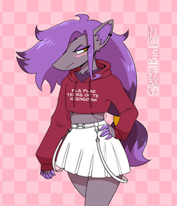 anthro black_ear_piercing blush blush_lines bottomwear chain_jewelry checkered checkered_background chest_tuft clothed clothing cropped_hoodie crossdressing ear_piercing femboy fur grey_body grey_fur hair hand_on_hip hoodie long_hair looking_away male midriff orange_eyes pattern_background piercing pink_background purple_fingers purple_hair red_clothing red_hoodie red_topwear shirt simple_background skirt solo text text_on_clothing text_on_shirt text_on_topwear topwear tuft white_bottomwear white_clothing white_skirt somesacredbird nintendo pokemon tears_of_the_kingdom the_legend_of_zelda zoroark_(somesacredbird) generation_5_pokemon pokemon_(species) zoroark digital_drawing_(artwork) digital_media_(artwork) hi_res