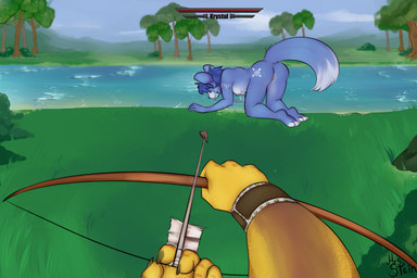 all_fours anthro arrow_(weapon) blue_body blue_fur blue_hair bow_(weapon) breasts butt drinking drinking_water duo eyes_closed feet female fingers first_person_view forest fur gameplay_mechanics genitals gui hair health_bar holding_bow_(weapon) holding_object holding_ranged_weapon holding_weapon imminent_death nipples nude outdoor_nudity outside plant ranged_weapon smile tail text toes tree vulva water weapon mrs._stein nintendo pokemon star_fox krystal_(star_fox) canid canine fox mammal digital_media_(artwork)