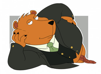 accessory animal_genitalia anthro belly big_belly bottomless claws clothed clothing genitals looking_at_viewer lying male necktie overweight penis solo suit bob-jiggles the_cleveland_show tim_the_bear bear brown_bear grizzly_bear mammal ursine hi_res