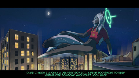 anthro big_butt big_penis butt city cityscape dialogue duo fur genitals hair half-erect halo hand_on_leg hand_on_thigh huge_penis humanoid_genitalia humanoid_penis hyper hyper_genitalia hyper_penis long_hair macro male male/male moon mountain multicolored_body multicolored_fur night penis side_view sitting psyka_delik canid canine deity equid equine horse mammal 16:9 hi_res widescreen