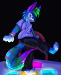 anthro arcade clothed clothing dancing gaming highlights_(coloring) male markings rhythm_game shirt simple_background solo sparklefur striped_markings stripes t-shirt topwear unnatural_colors coveted_crow bemani dance_dance_revolution konami canid canine mammal absurd_res hi_res