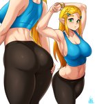 abs absurd_res big_breasts big_butt blonde_hair bottomwear breasts breath_of_the_wild butt clothing female green_eyes hair hands_behind_head hi_res humanoid humanoid_pointy_ears hylian jmg long_hair looking_at_viewer muscular muscular_female muscular_humanoid nintendo not_furry pants princess_zelda solo the_legend_of_zelda thick_thighs tight_clothing wide_hips yoga_pants
