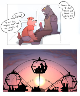amusement_ride anthro arm_tattoo balls being_watched biceps blush bodily_fluids chest_tattoo dialogue duo embarrassed erection fellatio ferris_wheel genitals humor kneeling kneeling_oral looking_at_another male male/male oral pecs penile penis public public_exposure public_sex reassuring sex shocked shoulder_tattoo silhouette sitting speech_bubble sunset sweat tattoo text vein veiny_penis yellow_sclera jagshiro fang_(jagshiro) jaw_(jagshiro) canid canine canis domestic_dog felid mammal pantherine comic english_text hi_res
