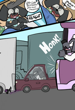 3_panel_comic anthro bed biped black_nose black_text car clothing day dialogue duo exclamation_point fingers fist furniture grey_body happy headpat inside_car inside_vehicle logo lying male motion_lines on_back on_bed open_mouth open_smile outside sharp_teeth shirt sitting sitting_on_bed smile solo_focus sound_effects speech_bubble talking_to_another teeth text tongue topwear traffic vehicle zincxiron canid canine mammal 2026 artist_logo comic english_text hi_res signature