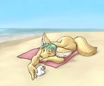 ambiguous_gender anthro beach blue_hair ear_piercing fur hair nude one_eye_closed piercing sand sea seaside solo tan_body tan_fur tongue tongue_out towel water wink zaush basalt_(character) canid canine fennec_fox fox mammal true_fox 2002