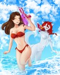 anthro barefoot biped blush bodily_fluids breasts catching claws clothing detailed_background digitigrade dryer duo eyes_closed feet female female/female fluffy fur hair hair_dryer hiding holding_object open_mouth outside red_hair running scared sea smile swimwear tail toy toy_gun water water_gun wet white_body white_fur narikusha twokinds roselyn_(twokinds) saria_legacy canid canine canis human keidran mammal wolf digital_media_(artwork) hi_res