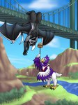 anthro bridge burger duo food hanging_upside_down macro open_mouth outside sharp_teeth teeth upside_down wings erryx avian bat mammal hi_res