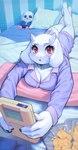 4_fingers anthro barefoot bed blush breasts chips_(food) cleavage clothed clothing feet female fingers food foreshortening fur furniture holding_game_boy looking_at_viewer looking_confused lying lying_on_bed on_bed on_front pajamas plantigrade plushie potato_chips red_eyes solo white_body white_fur aruurara game_boy game_boy_family nintendo undertale undertale_(series) sans_(undertale) toriel boss_monster_(undertale) bovid caprine mammal 2023 hi_res