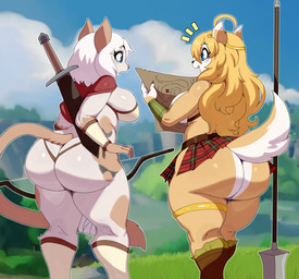anthro armor bandage bar_emanata big_breasts big_butt blonde_hair blue_eyes blush bottomwear bow_(weapon) breasts butt clothed clothing curvy_figure duo emanata female fur hair holding_bow_(weapon) holding_map holding_object holding_ranged_weapon holding_weapon huge_butt kilt long_hair long_tail map melee_weapon multicolored_body multicolored_fur no_underwear outside polearm ranged_weapon rear_view side_boob spear standing sword tail tan_body tan_fur thick_thighs thong unconvincing_armor underwear voluptuous voluptuous_anthro voluptuous_female weapon weapon_on_back white_body white_fur white_hair wide_hips sssonic2 freya_eisfried maple_pericrest canid canine canis domestic_cat domestic_dog felid feline felis mammal unknown_species 2022 digital_media_(artwork) hi_res