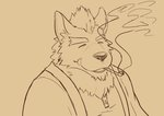 anthro asian_clothing beard clothing east_asian_clothing facial_hair fangs hair japanese_clothing male melee_weapon muscular muscular_anthro muscular_male scar smoking smoking_pipe solo teeth weapon 3000vnd lifewonders tokyo_afterschool_summoners marchosias_(tas) canid canine canis mammal wolf hi_res