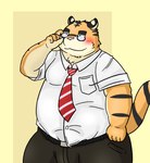 anthro belly big_belly biped blush bottomwear clothing eyewear glasses humanoid_hands kemono male necktie overweight overweight_male pants shirt solo topwear bake_gosut felid mammal pantherine tiger 2013