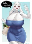 2_horns 5_fingers anthro big_breasts blue_clothing blue_dress breasts clothed clothing dress female fingers floppy_ears fur greeting horn huge_breasts lop_ears mature_anthro mature_female raised_hand red_eyes simple_background solo text white_body white_ears white_face white_fur white_horn wide_hipped_female wide_hips sophiathedragon undertale undertale_(series) toriel boss_monster_(undertale) bovid caprine goat mammal 3:4 absurd_res english_text hi_res portrait three-quarter_portrait