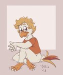 2023 ankle_tuft anthro arm_tuft avian beak bird blonde_hair bottomless bottomless_male brown_eyes chicken claws clothed clothing dated disney donald_duck_(comics) elbow_tuft eyewear feathers feet fluffy fluffy_hair galliform gallus_(genus) glasses grey_background gyro_gearloose hair heel_claw interlocked_fingers leg_tuft looking_at_viewer love_handles male neck_tuft off_shoulder orange_beak orange_body orange_clothing orange_feathers orange_feet phasianid pink_background red_body red_clothing red_eyes red_feathers scuted_feet scutes shellyochunks shirt signature simple_background slightly_chubby slightly_chubby_male smile smiling_at_viewer solo talons tan_body tan_feathers the_duck_avenger_(comic) thick_thighs toe_claws toes topolino_(disney) topwear trans_(lore) trans_man_(lore) tuft white_body white_claws white_feathers yellow_body yellow_feather_hair yellow_feathers