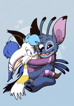 antennae_(anatomy) bat_wings blue_body blue_fur blue_hair boots bottomwear clothing footwear fur hair happy hug hugging_another legwear male membrane_(anatomy) membranous_wings pom_antennae scarf shoes shorts smile smiling_at_another stockings white_body white_fur wings trevor-fox disney lilo_and_stitch erakir_(character) stitch_(lilo_and_stitch) alien experiment_(lilo_and_stitch) ivalician_moogle hi_res