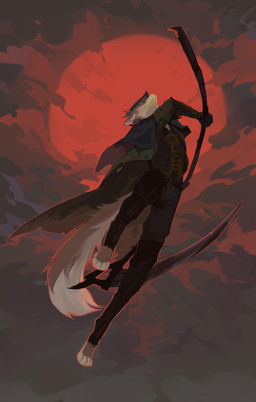 abstract_background anthro barefoot beak biped black_bottomwear black_clothing black_pants bottomwear brown_body brown_cape brown_clothing brown_fur brown_topwear cape clothed clothing feet fur holding_melee_weapon holding_object holding_polearm holding_scythe holding_weapon looking_at_viewer low-angle_view male melee_weapon pants polearm scythe solo tan_body tan_fur topwear unsigned weapon yellow_beak yellow_eyes corzh77 clares_(character) avian absurd_res digital_media_(artwork) full-length_portrait hi_res portrait red_theme