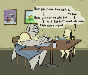 4_fingers anthro black_body black_ears black_fur black_nose bottomwear chair chef chef_hat chef_uniform clothing container cup detailed_background dialogue duo eyewear fingers food fur furniture glass glass_container glass_cup glasses grey_body grey_fur hat head_tuft headgear headwear holding_menu holding_object inside knife male menu multicolored_body multicolored_fur on_chair open_mouth pasta picture_frame restaurant round_glasses shirt shorts sitting sitting_on_chair smiley_face spaghetti speech_bubble table tail tan_body tan_bottomwear tan_clothing tan_fur tan_shorts text topwear tuft water wearing_glasses yellow_clothing yellow_shirt yellow_topwear agusta stich_(agusta) canid canine canis domestic_dog mammal mouse murid murine rodent 2025 absurd_res comic english_text hi_res one_panel_comic