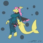 anthro blue_clothing blue_eyes blue_suit bodysuit breasts clothing female hair long_hair non-mammal_breasts non-mammal_ears non-mammal_hair pink_hair simple_background skinsuit solo suit tight_clothing yellow_body mac-daddy fish marine shark 1:1 absurd_res hi_res