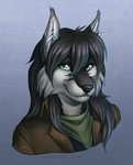 anthro black_hair clothed clothing gradient_background green_eyes hair simple_background smile solo inkmaven canid canine canis domestic_dog mammal 2020 digital_media_(artwork) headshot_portrait portrait