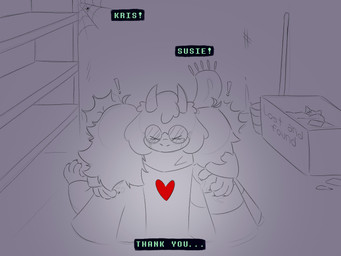 2_horns ambiguous_gender anthro bodily_fluids box bucket closet container crying detailed_background dialogue ellipsis exclamation_point eyes_closed eyewear female floppy_ears glasses group group_hug hair happy happy_ending head_tuft heart_symbol horn hug hugging_another inside kneeling long_hair male reunion scarf shelf sitting speech_bubble spider_web surprised talking_to_another tears tears_of_joy text trio tuft wearing_glasses cranky2306 deltarune undertale_(series) kris_dreemurr ralsei susie_(deltarune) ambient_arachnid ambient_arthropod ambient_spider bovid caprine darkner goat human mammal reptile scalie soul_(undertale) 2025 4:3 absurd_res comic english_text hi_res monochrome