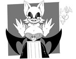 anthro bedroom_eyes big_breasts breasts breath cleavage clothed clothing eyeshadow female makeup male narrowed_eyes seductive wings florkofcows sega sonic_the_hedgehog_(series) ugandan_knuckles knuckles_the_echidna rouge_the_bat bat echidna mammal monotreme 2023 black_and_white hi_res meme monochrome