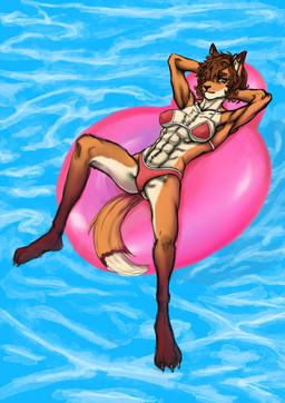 abs anthro bikini bikini_bottom bikini_top clothing ears_up female fur hair hair_over_eye hands_behind_head inflatable_toy inner_ear_fluff lying muscular muscular_anthro muscular_female on_back one_eye_obstructed orange_body poolside sea solo spread_legs spreading swimwear tomboy tuft two-piece_swimsuit water brochion canid canine fox mammal absurd_res full-length_portrait hi_res portrait