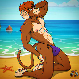 abs anthro beach brown_body brown_fur brown_hair bulge clothed clothing cloud day fur hair hand_behind_head hand_on_leg hand_on_own_leg kneeling male muscular muscular_anthro muscular_male navel nipples outside pecs pose sand sea sky solo tail topless topless_anthro topless_male water fabfelipe aquatic asterozoan echinoderm haplorhine mammal monkey primate starfish 1:1 2024 chromatic_aberration digital_drawing_(artwork) digital_media_(artwork) hi_res pinup