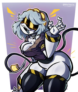 :3 acid ambiguous_fluids armband big_breasts blush blush_lines bottomless breasts clothed clothing container fangs female fluffy fully_clothed gesture glass glass_container grey_hair grey_tongue hair happy hazard_stripes jacket jacket_only legwear looking_at_viewer machine open_mouth raised_arm sharp_teeth simple_background smile solo squish stinger stockings stripes tail teeth text thick_thighs thigh_highs thigh_squish tongue topwear topwear_only waving waving_at_viewer weapon weapon_tail white_body wide_hips yellow_eyes diddlydooter1 glitch_productions murder_drones v_(murder_drones) disassembly_drone humanoid robot robot_humanoid absurd_res artist_name digital_drawing_(artwork) digital_media_(artwork) hi_res signature