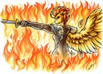 absurd_res anthro anthrofied armor clothing equid equine female fire friendship_is_magic gloves handwear hasbro hi_res inferno lupiarts mammal melee_weapon my_little_pony mythological_creature mythological_equine mythology pegasus solo spitfire_(mlp) sword weapon wings wonderbolts_(mlp)