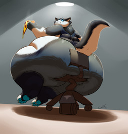 anthro big_butt black_body black_fur bottom_heavy butt chair chair_breaking chubby_cheeks claws eating food fur furniture grey_body grey_fur holding_food holding_object holding_pizza huge_butt hyper hyper_butt looking_back low-angle_view male nude obese obese_anthro obese_male office_chair on_chair overweight overweight_anthro overweight_male pizza sitting sitting_on_chair solo thick_thighs toe_claws white_body white_fur wide_hips kazecat carmine_(ns22_highwater) alaskan_malamute canid canine canis domestic_dog mammal nordic_sled_dog spitz 2019 hi_res