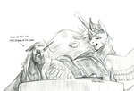 2018 baron_engel container crown cup duo english_text equid equine feathered_wings feathers female feral friendship_is_magic graphite_(artwork) greyscale hair hasbro headgear horn levitating_object mammal monochrome my_little_pony mythological_creature mythological_equine mythology newspaper open_mouth princess_celestia_(mlp) princess_luna_(mlp) sketch spread_wings story story_in_description tea_cup text traditional_media_(artwork) unicorn_horn winged_unicorn wings