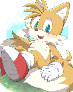 2_tails anthro blue_eyes blush chest_tuft clothing cloudy_background countershading footwear fur gloves handwear kemono looking_at_viewer male multi_tail open_mouth red_clothing red_footwear red_shoes red_sneakers shoes sitting sitting_on_ground sneakers solo tail tuft white_clothing white_gloves white_handwear yellow_body yellow_fur young young_anthro young_male kemoizumi sega sonic_the_hedgehog_(series) miles_prower canid canine fox mammal 2024 4:5 hi_res japanese_description