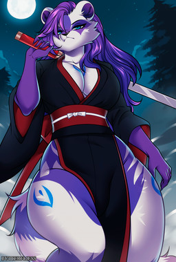 anthro asian_clothing black_clothing black_kimono blue_markings breasts clothed clothing east_asian_clothing female full_moon fur glare glaring_at_viewer hair holding_object holding_weapon japanese_clothing katana kimono looking_at_viewer markings melee_weapon moon night outside plant purple_hair purple_markings sky solo solo_anthro sword tail tree weapon white_body white_fur butterfliess hime_kawakami mammal procyonid raccoon absurd_res digital_drawing_(artwork) digital_media_(artwork) hi_res
