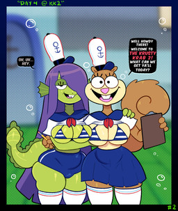 accessory anthro belly big_breasts big_butt big_tail bikini bikini_top biped black_eyes blue_bottomwear blue_bra blue_clothing blue_underwear blurred_background bottomwear bra breasts brown_body brown_fur buckteeth butt clothing duo employee employee_uniform eyelashes fast_food_employee fast_food_restaurant fast_food_uniform female female/female fingers fluffy fluffy_tail fur furgonomics green_body green_skin hair hair_over_eye hat headgear headwear legwear lidded_eyes long_hair long_tail looking_at_viewer midriff multicolored_body multicolored_fur necktie non-mammal_breasts one_eye_obstructed open_mouth open_smile pattern_bra pattern_clothing pattern_topwear pattern_underwear pencil_(object) pink_nose purple_hair raised_tail skirt smile standing stockings striped_bra striped_clothing striped_topwear striped_underwear stripes swimwear tail tan_body tan_fur teeth text the_krusty_krab thick_thighs thigh_highs topwear two-piece_swimsuit two_tone_body two_tone_fur underwater underwear uniform water white_clothing white_hat white_headwear white_legwear white_topwear wide_hips somescrub nickelodeon spongebob_squarepants twitter eelie_applebottom fan_character sandy_cheeks aquatic eastern_grey_squirrel eel fish grey_squirrel mammal rodent sciurid tree_squirrel absurd_res english_text hi_res