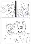 aariel_(wolfyalex96) anthro axel_(wolfyalex96) balls bathroom canid canine clothing dialogue digital_media_(artwork) duo flaccid foreskin genitals hi_res jewelry male male/male mammal medibang_paint_(artwork) navel necklace nipples penis shirtless shirtless_male smile spanish_text swimwear teeth text tongue touching_hand touching_penis translated wolfyalex96