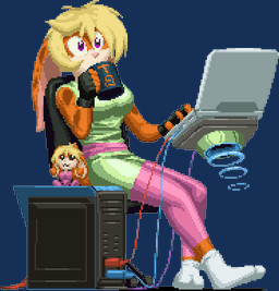 anthro blonde_hair clothing computer container cup drinking electronics female footwear fur hair mug orange_body orange_fur plushie socks solo toy typing wire maber tangobunny lagomorph leporid mammal rabbit alpha_channel low_res