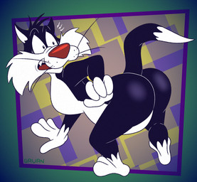 3_toes 4_fingers abstract_background anthro belly bent_down big_butt biped black_body black_fur border bubble_butt butt casual_nudity cheek_tuft curling_tail curvy_figure dipstick_tail facial_tuft fangs feet fingers fur glistening glistening_butt gloves_(marking) gradient_border green_border head_tuft humanoid_heel leg_markings lines_drawn looking_back male markings multicolored_body multicolored_fur nude open_mouth outside_border plantigrade pose raised_tail rear_view red_nose socks_(marking) solo standing surprised tail tail_markings teeth toes toony tuft two_tone_body two_tone_fur whisker_spots whiskers white_belly white_body white_feet white_fur white_hands white_sclera white_tail_tip wide_hips gavanzude looney_tunes warner_brothers sylvester_(looney_tunes) domestic_cat felid feline felis mammal tuxedo_cat 2025 alternate_version_at_paywall colored digital_drawing_(artwork) digital_media_(artwork) flat_colors full-length_portrait hi_res pinup portrait signature