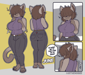 anthro barbell_piercing barefoot big_breasts breasts brown_body brown_fur clothed clothing ear_flick ear_piercing feet female fur hair hair_over_eyes inner_ear_fluff piercing simple_background solo tuft the_man june_(the_man) felid feline mammal 2025 2d_animation animated frame_by_frame hi_res