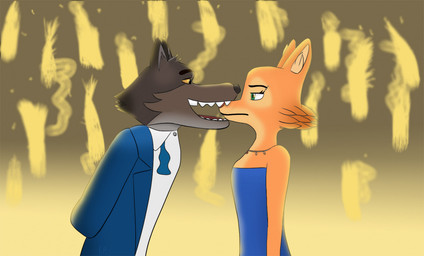 anthro bare_shoulders canon_couple cheek_tuft clothed clothed_anthro clothed_female clothed_male clothing dress duo eyebrow_piercing eyebrows eyelashes facial_piercing facial_tuft female female_anthro fur humor iris male male/female male_anthro necktie open_mouth orange_body orange_fur piercing pointy_ears prick_ears pupils simple_background smile snout standing suit teeth topwear tuft yellow_sclera brokenbone dreamworks the_bad_guys diane_foxington mr._wolf_(the_bad_guys) canid canine canis fox mammal wolf digital_media_(artwork)