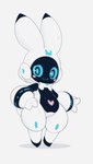 2019 animal-shaped_markings anthro belly blue_sclera blush blush_stickers bodily_fluids dripping ept_(cotora) featureless_feet feet female female_anthro flat_chested front_view full-length_portrait genital_fluids genitals kekitopu lagomorph leporid looking_at_viewer machine mammal markings nude portrait pussy pussy_juice_drip rabbit robot screen screen_face solo standing thick_thighs vaginal_fluids