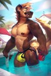 4_fingers anthro areola barazoku beach_chair beverage beverage_can blue_sky brown_body brown_eyes brown_fur brown_tail building bulge can chest_tuft clothed clothing cloud container day detailed_background fingers front_view fur grin hair holding_beverage holding_can holding_container holding_object house inner_ear_fluff jockstrap legs_in_water looking_aside male mostly_nude multicolored_body multicolored_fur muscular muscular_anthro muscular_male navel nipples outside partially_submerged pecs plant sky smile snout soda solo standing standing_in_water submerged_legs swimming_pool tail tan_body tan_fur tan_hair teeth thong tree tuft two_tone_body two_tone_fur underwear underwear_only water yellow_clothing yellow_thong yellow_underwear darkgem rogue_fang flash_(darkgem) hyena mammal 2019 absurd_res digital_media_(artwork) hi_res portrait signature three-quarter_portrait